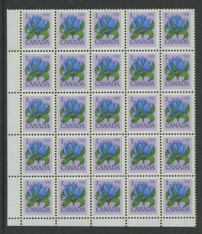 Canada 1979-1983, #781 var, 1c lilac, with a shift of the blue colour upwards, in a MNH block of 25 (1 of 1)