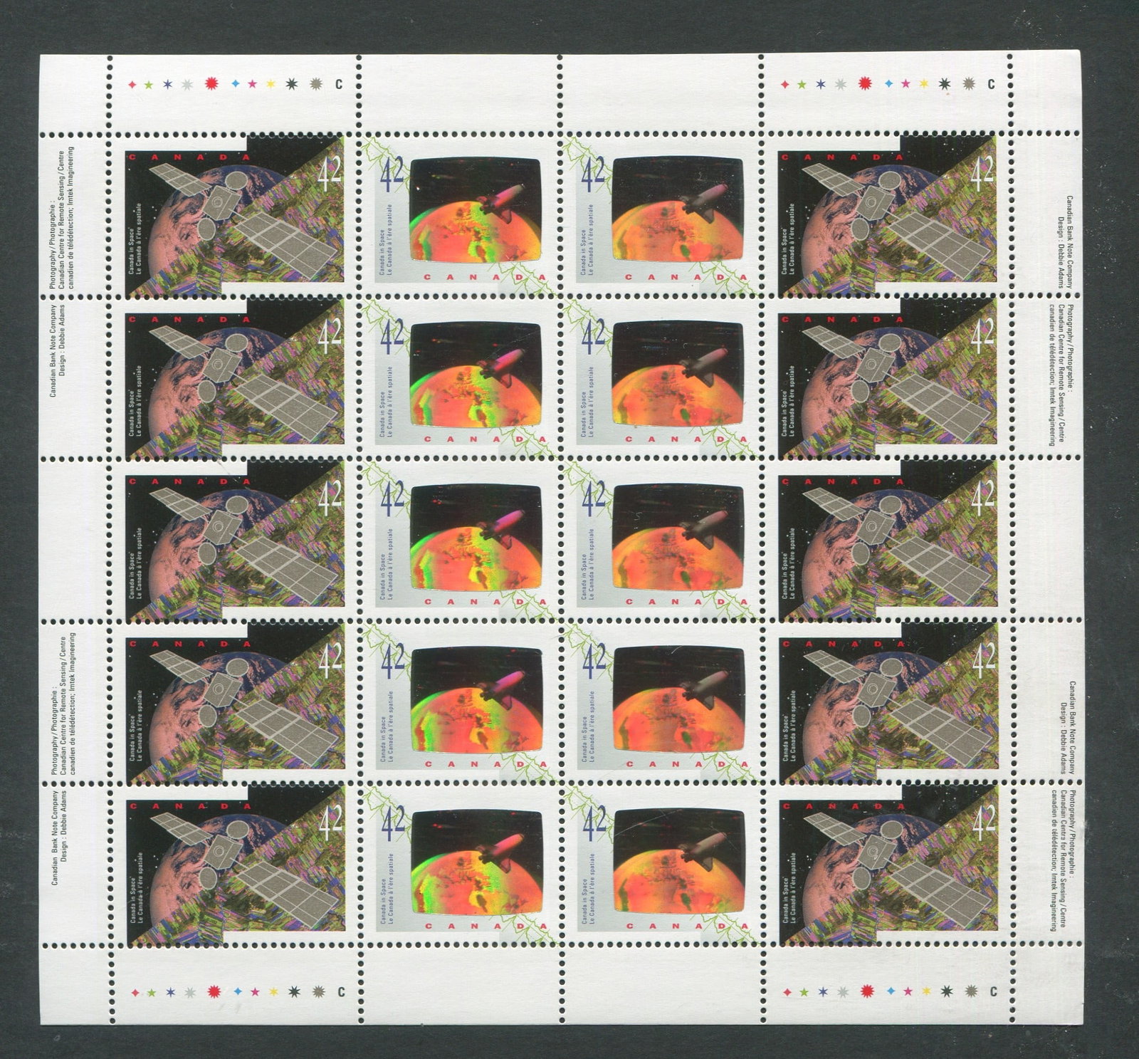 Canada 1992 #1442iv, a MNH complete sheet of the Hologram issue, with "low orbit", Unitrade value (1 of 2)