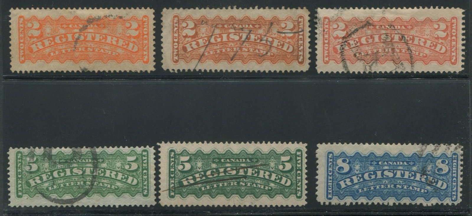 Canada - Registration Stamps 1975 -1896, #F1 / #F3, a used group of six , F1 and F2 with shades, (1 of 1)