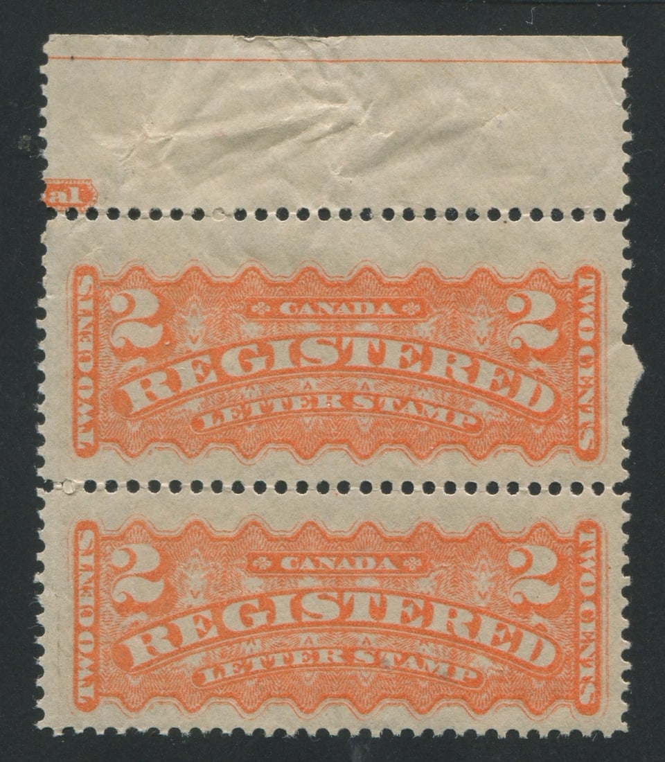 Canada - Registration Stamps 1875 - 1896 #F1, MNH 2c orange vertical pair with top margin, Unitrade (1 of 2)