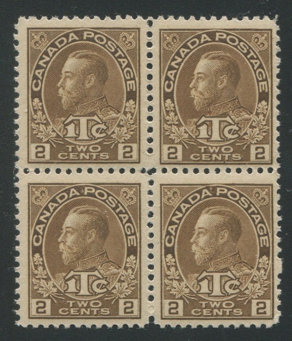 Canada 1915 - 1918 #MR 4 (die II), MNH 2c + 1c brown block of four Unitrade Value $480 (includes (1 of 2)