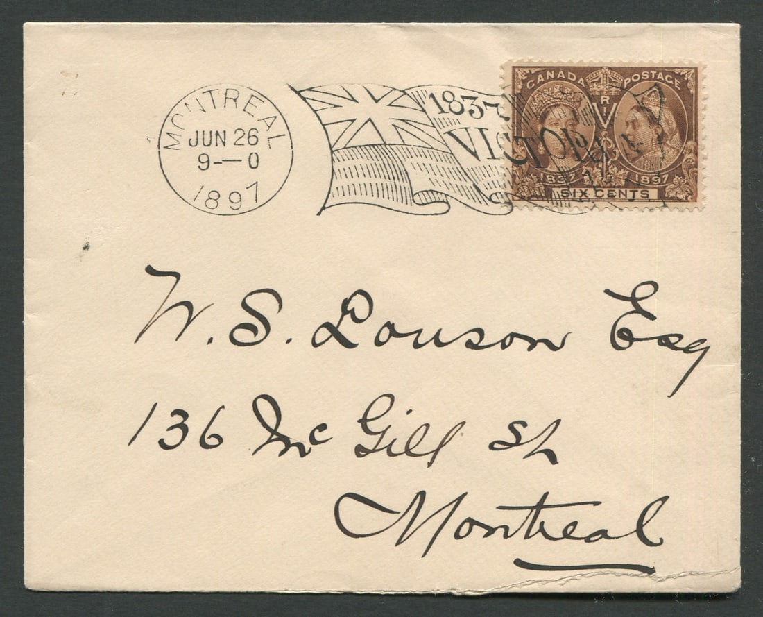 Canada 1897 #55, tied to a Montreal Jubilee flag cancel on a cover addressed locally, dated June 26, (1 of 2)