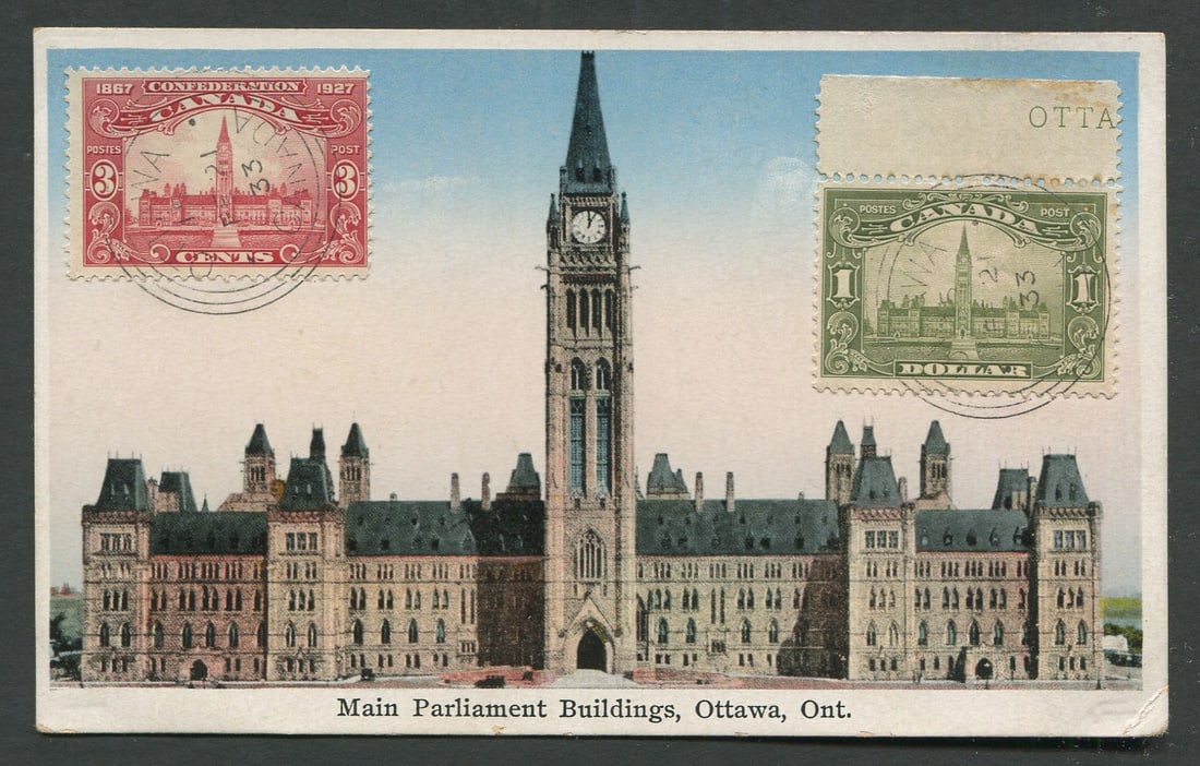 Canada 1933 #143 and #159, tied by neat Ottawa ring, dated Feb 21, 1933, on a postcard depicting the (1 of 2)
