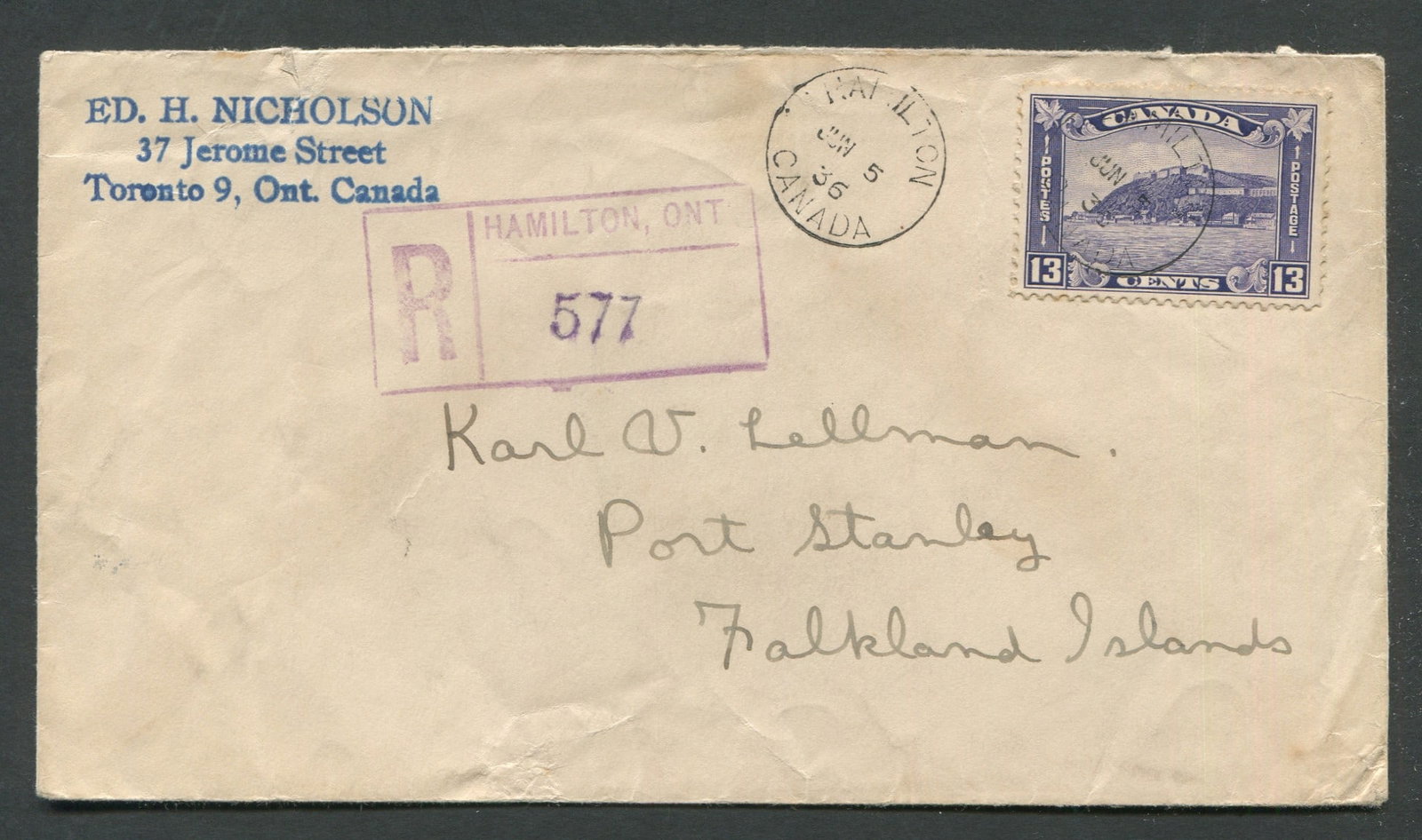 Canada 1932 #201, a registered cover with #201 cancelled by Hamilton cds dated June 5, 1936 showing (1 of 2)