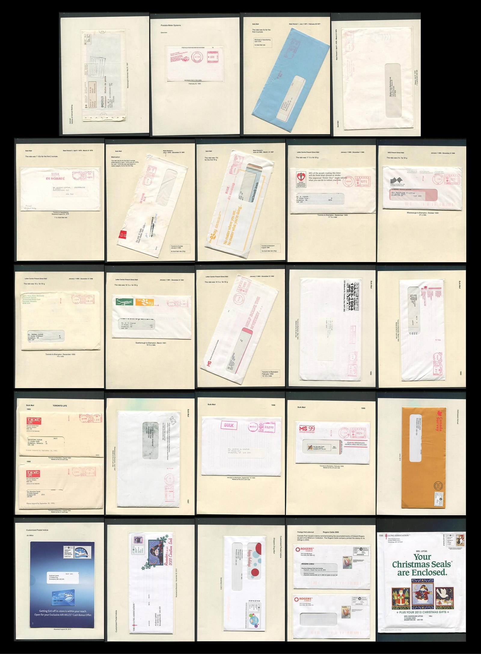 Canada Meter Mail Covers Collection 1970's-2014: A group of 28 Canadian Meter Mail covers from the late 1970's-2014. Includes Admail, Bulk Mailing, etc. An interesting collection, all appearing at least F-VF. Please see photos.
