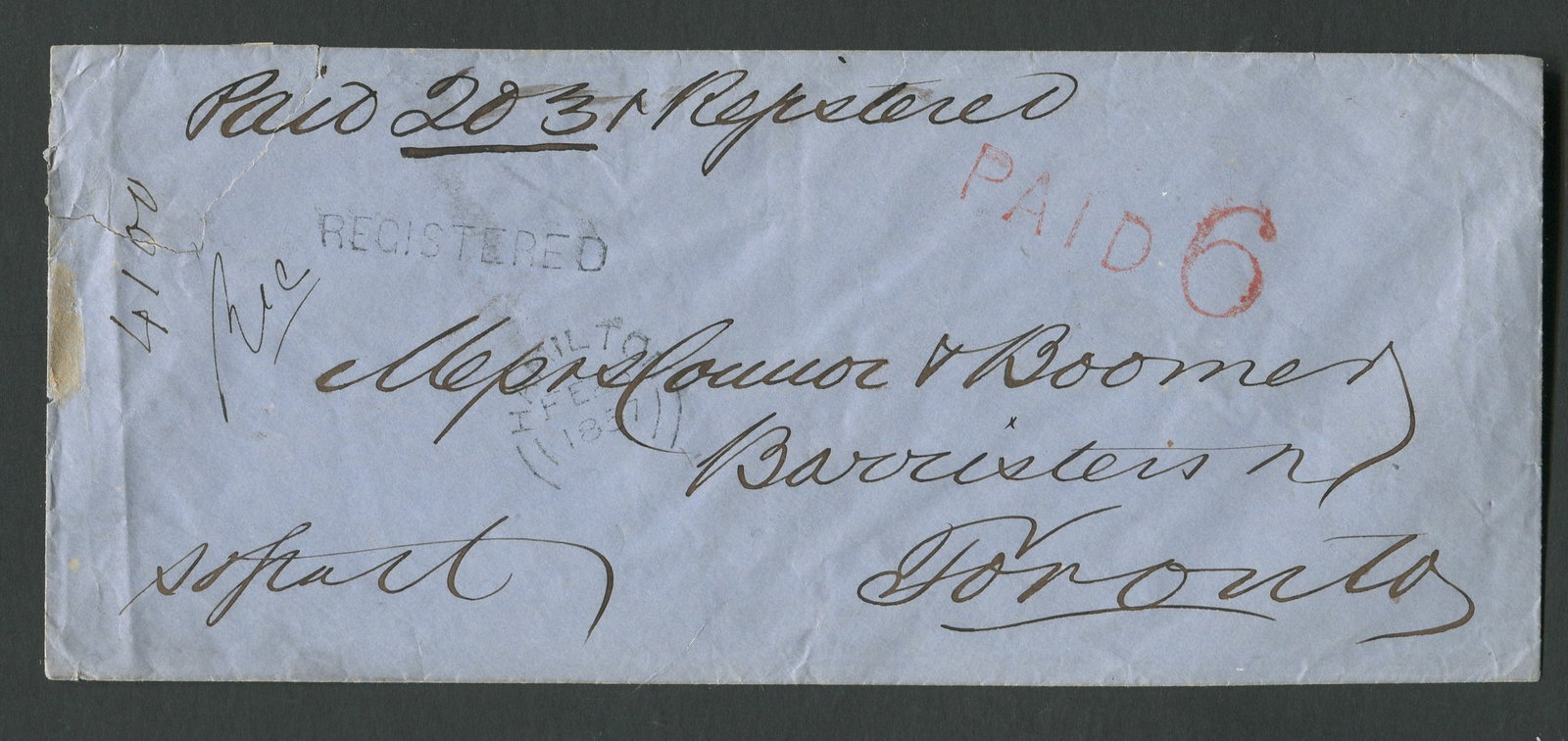 Canada 1857, (Feb ??) a registered letter from Hamilton to Toronto addressed to George Conner, who (1 of 2)