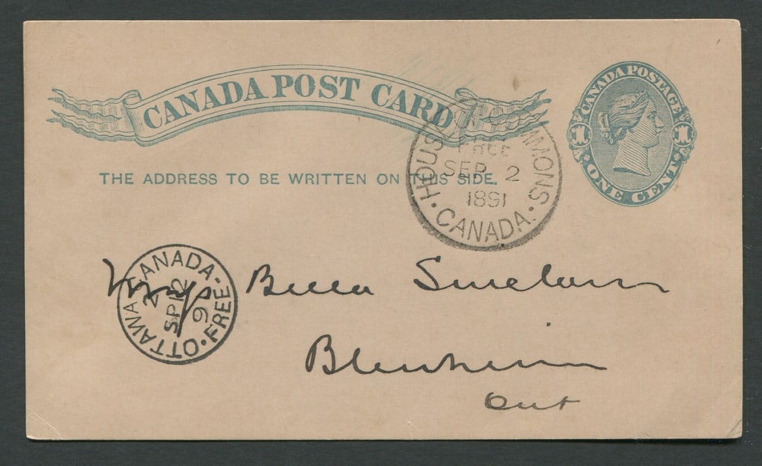 Canada 1c green stationery card, with "House of Commons Canada" and "Ottawa Canada Free" cancels, (1 of 2)