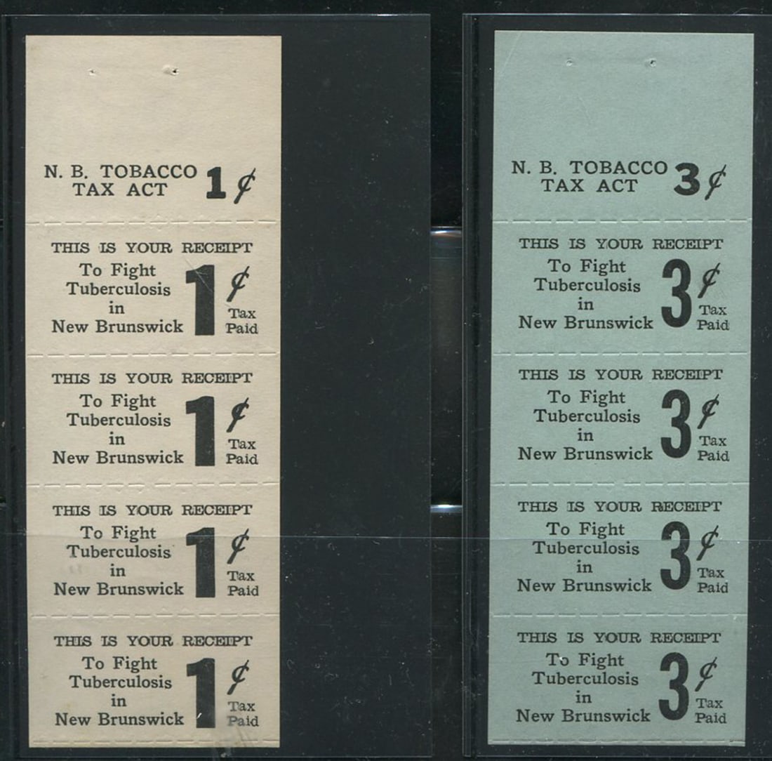 Canada - New Brunswick 1940 #NBT5a 1c Tobacco Tax and #NBT6b 3c Tobacco Tax, booklet panes Van Dam (1 of 1)