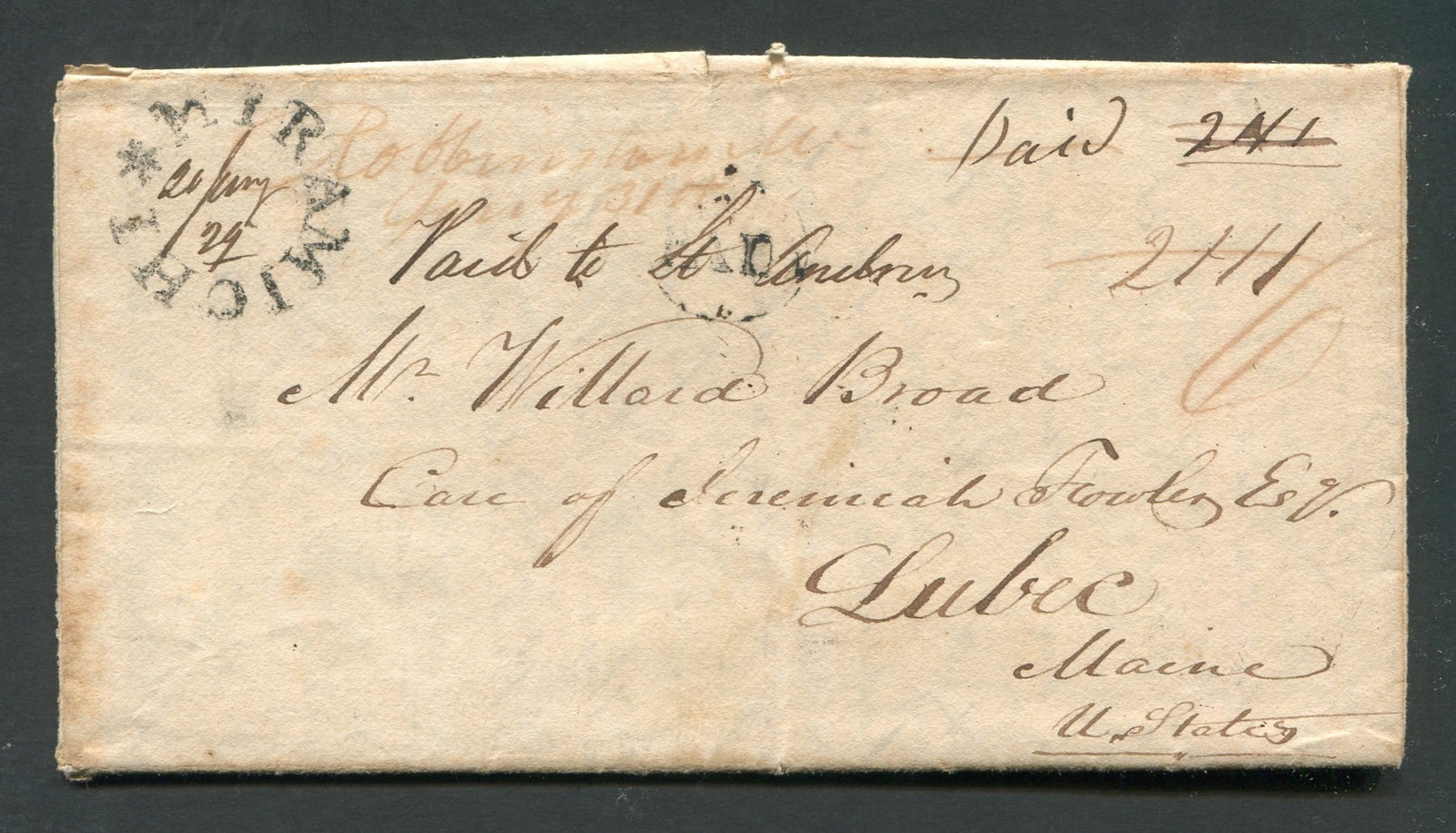 Canada - a folded letter from Newcastle New Brunswick dated Jan 19, 1829 going to Lubec, Maine, USA, (1 of 2)