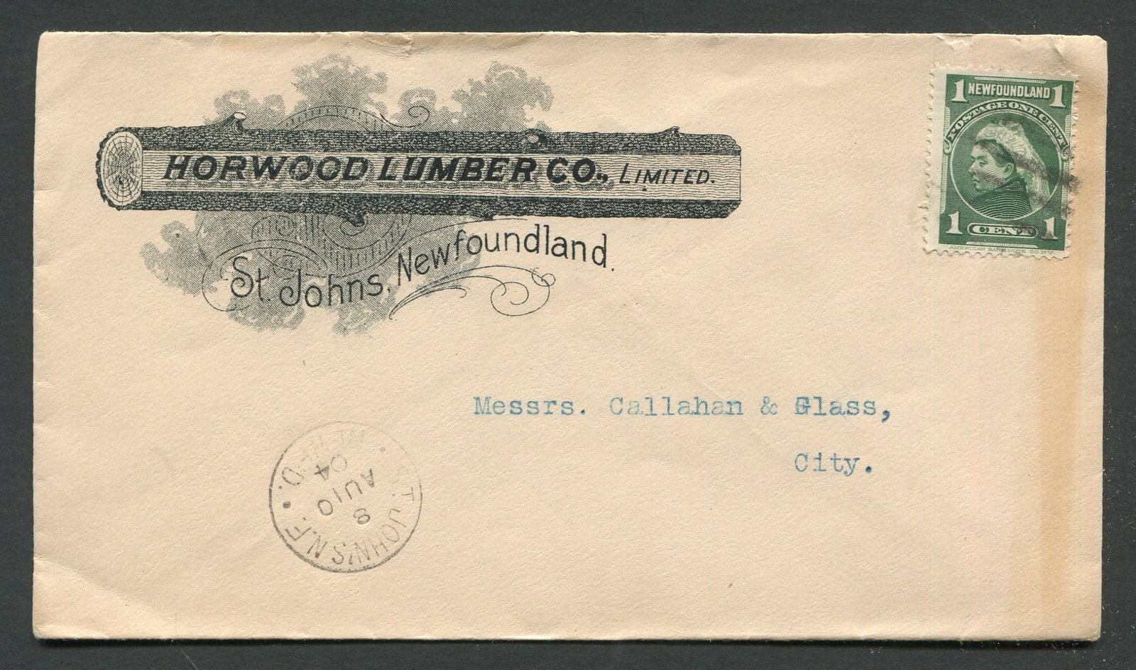 Newfoundland 1897-1901, #80a, tied by grid cancel on illustrated adverting cover 'Horwood Lumber Co' (1 of 2)