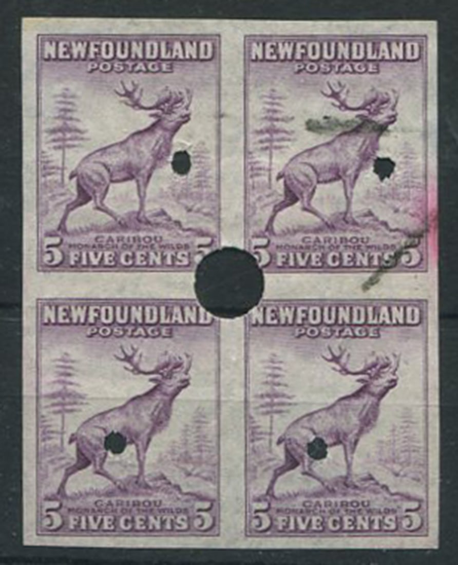 Canada - Newfoundland 1941 #257vii, a MNG imperforate block of four 5c violet Caribou (Waterlow (1 of 1)