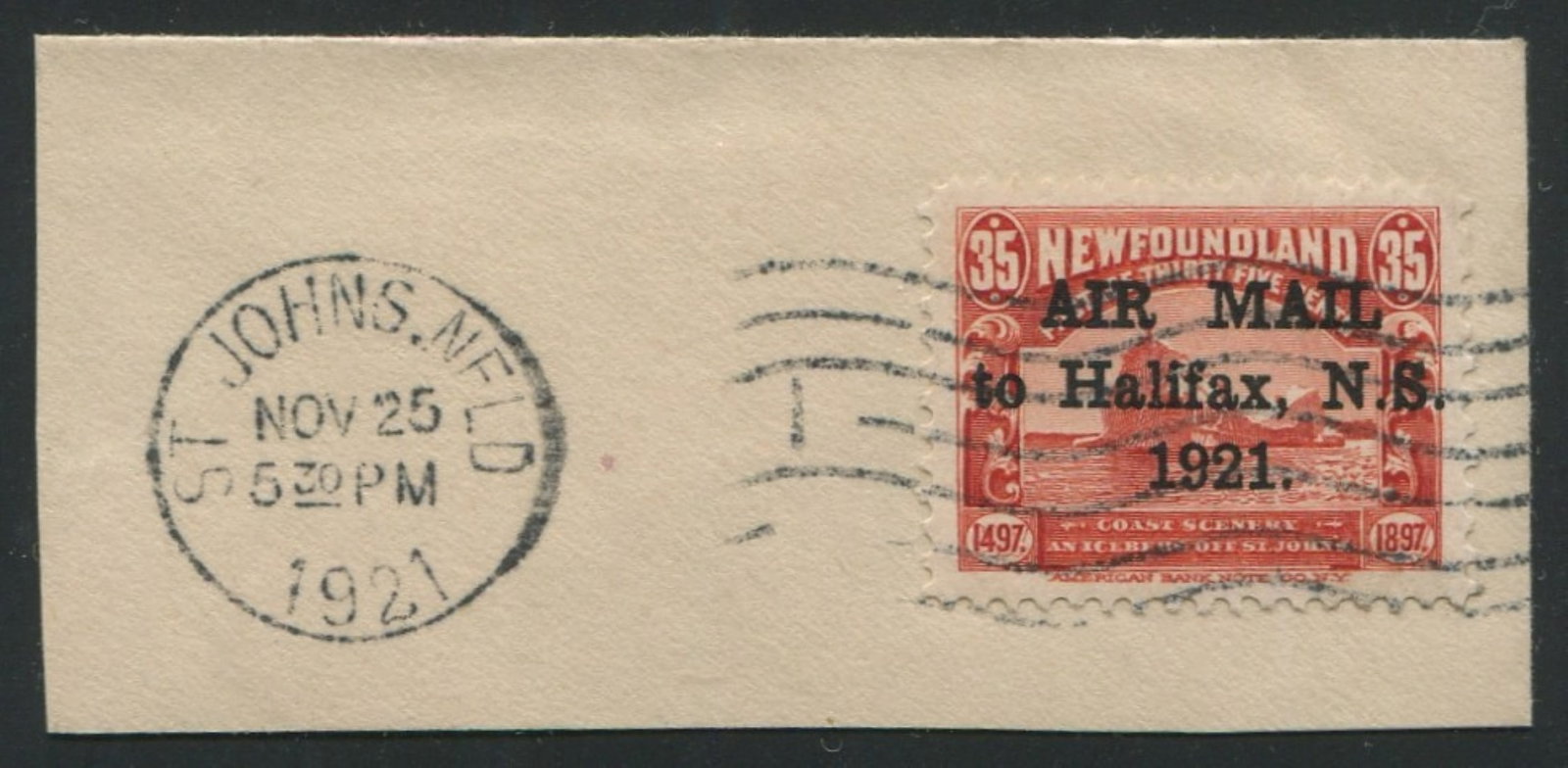 Newfoundland 1921 #C3b, 35c on piece with St. John's roller cancel dated Nov 25, 1921, appears f-vf (1 of 1)