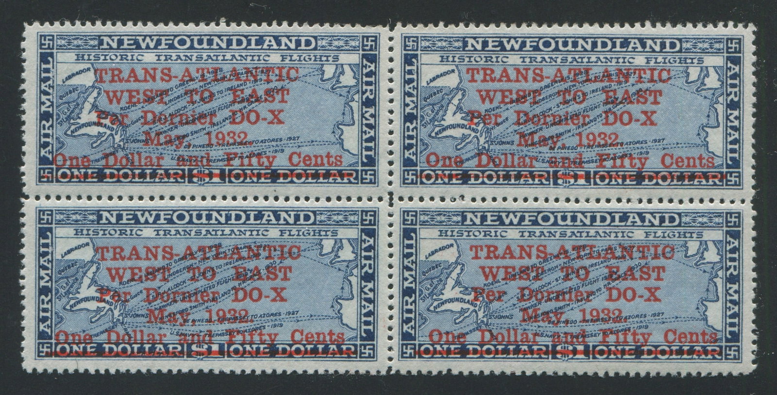 Newfoundland 1932 #C12, a MH block of four of Dornier DO-X flight $1.50 on $1, Unitrade value $1600 (1 of 2)