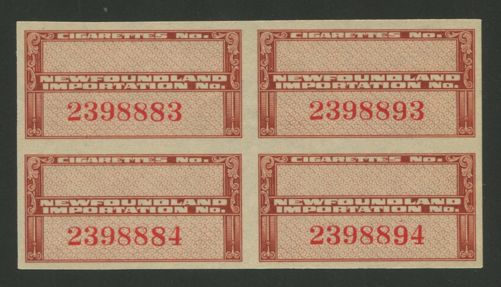 Newfoundland 1945 #TB 51, a MNH block of four of the first issue of small size cigarette stamps, (1 of 2)