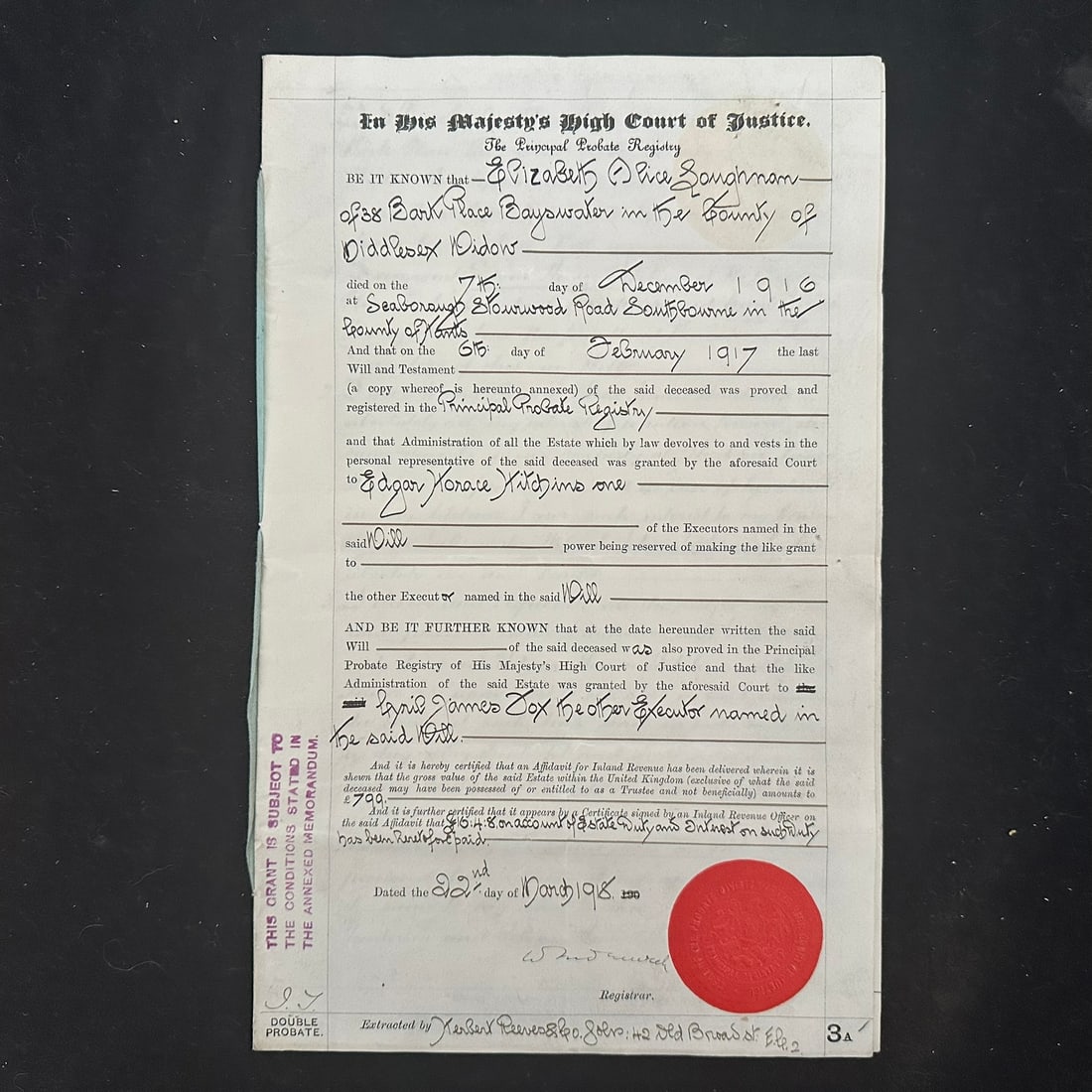 Canada - Newfoundland, Revenue Document, handstamps and label from 1916, with Newfoundland revenues (1 of 5)