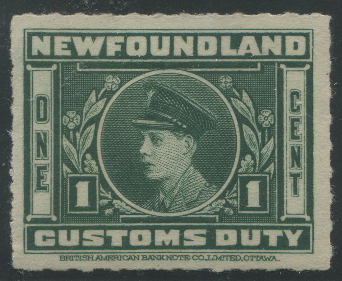 Newfoundland 1927 #NFC1a, a MH Custom Duty 1c green with 13 1/4 x 7 roulette, appear f-vf (1 of 1)