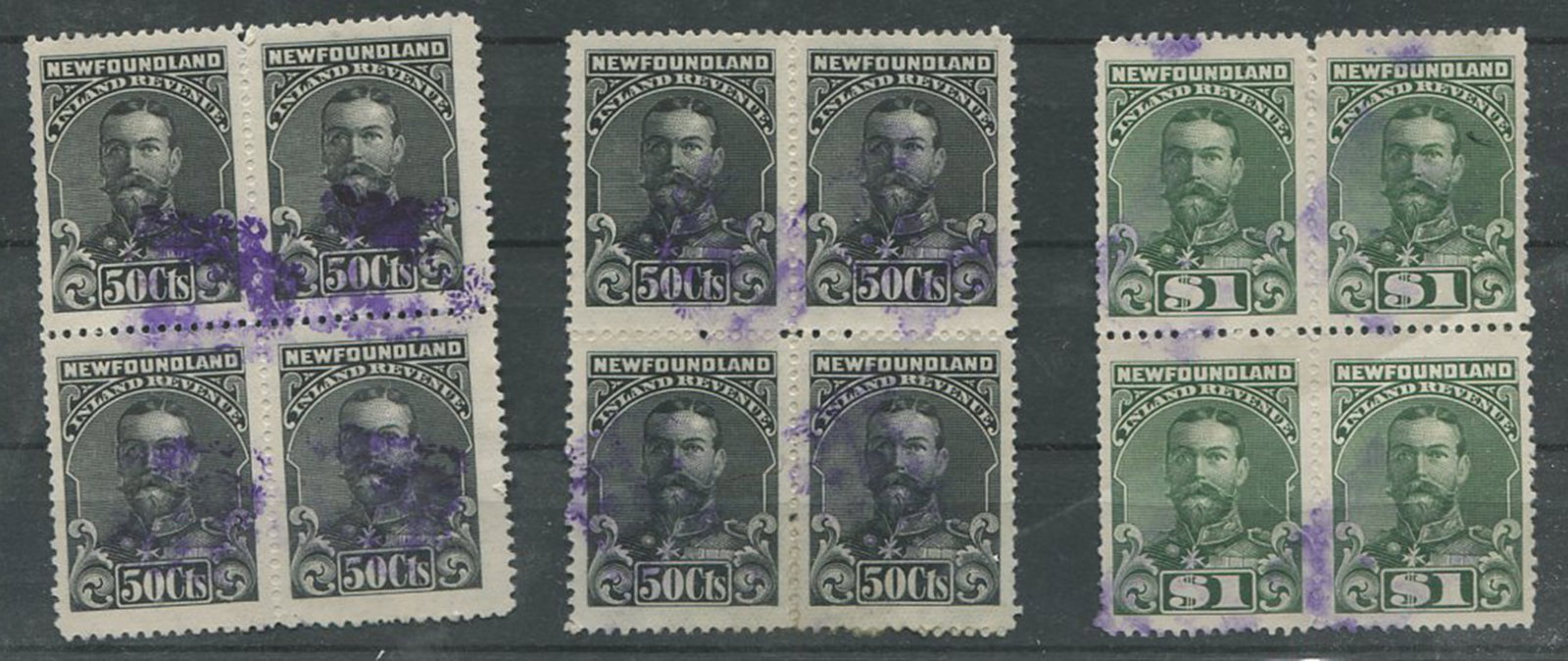 Newfoundland 1910 #NFR 24 $50 black and NFR 25 $1green used blocks of four, Van dam value $310 CND ( (1 of 1)