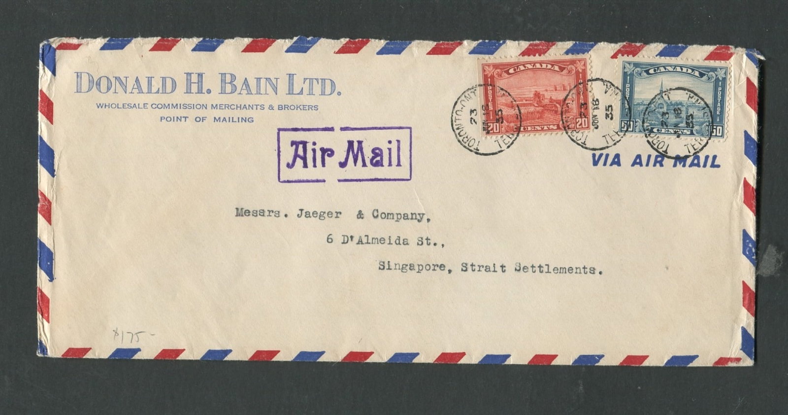 Canada - Newfoundland 1930 #175 /#176, a cover with both 175 /176 cancelled by Toronto cds dated: Canada - Newfoundland 1930 #175 /#176, a cover with both 175 /176 cancelled by Toronto cds dated June 18, 1935, addressed to Straits Settlements, a rare usage, appears f-vf