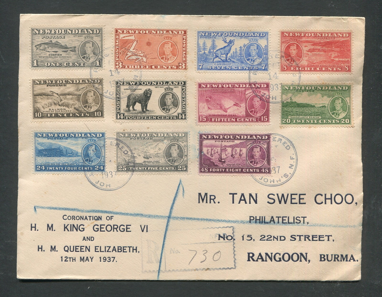 Canada - Newfoundland #233 /#243, a registered cover with complete set with 3c die II dated Oct 14, (1 of 2)