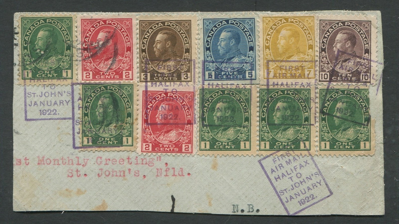 Canada - Newfoundland January 1922, a Halifax to St Johns first flight boxed cancel in violet/purple (1 of 2)