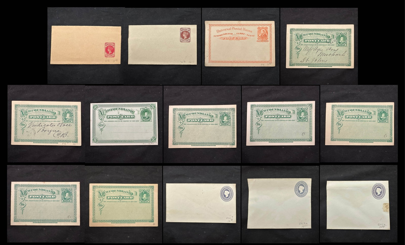 Canada - Newfoundland - Postal Stationery, a group of 14, includes (8) 1c green postacards (2) used (1 of 8)