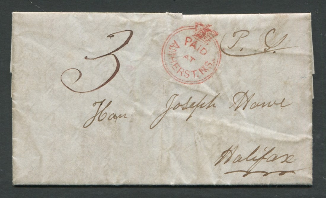 Canada - Nova Scotia, a folded letter dated Feb 21, 1852, from Amherst to Halifax addressed to: Canada - Nova Scotia, a folded letter dated Feb 21, 1852, from Amherst to Halifax addressed to Joeseph Howe premier of Nova Scotia and father of Confederation, the letter has a 3d rate, and is cancell