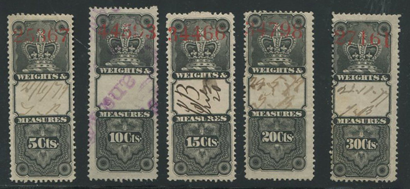 Canada - Revenues Weights and Measures, 1876 #FWN 1 / FWM 5, a mostly used group on stockcard, Van: Canada - Revenues Weights and Measures, 1876 #FWN 1 / FWM 5, a mostly used group on stockcard, Van Dam $420. CND ($300 USD), Appears f-vf