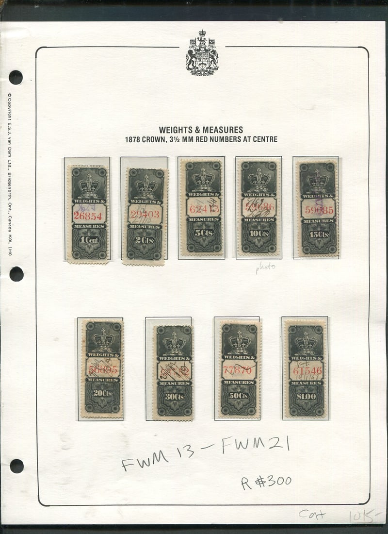 Canada - Revenue 1878 Weights and Measures FWM 13 - FWM 21, a used complete set from 1 c to $1, Van: Canada - Revenue 1878 Weights and Measures FWM 13 - FWM 21, a used complete set from 1 c to $1, Van Dam value $1015 CND ( $725 USD), appears f-vf