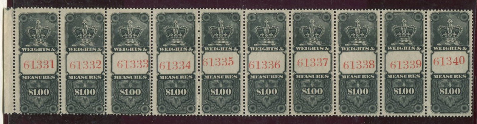 Canada - Revenue 1878 Weights and Measures, #FWN 21, $1 black in a strip of ten with no gum, with: Canada - Revenue 1878 Weights and Measures, #FWN 21, $1 black in a strip of ten with no gum, with partial separation between stamp 6 and 7,VamDam value $1250 CND ($892.86 USD) appears f-vf
