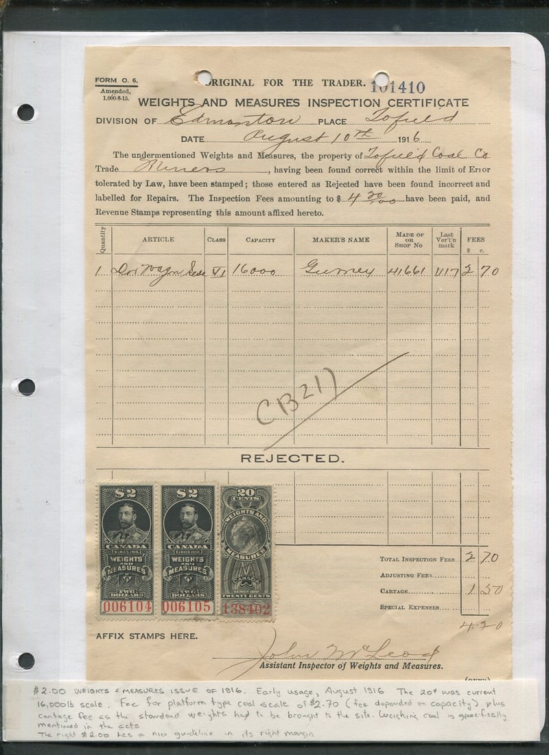 Canada - Revenue - Weights and Measures 1897 - 1915 #FWM 37 and FWM 57 (2), tied to document, Van: Canada - Revenue - Weights and Measures 1897 - 1915 #FWM 37 and FWM 57 (2), tied to document, Van Dam Value $305 CND ($217.86 USD), appears f-vf
