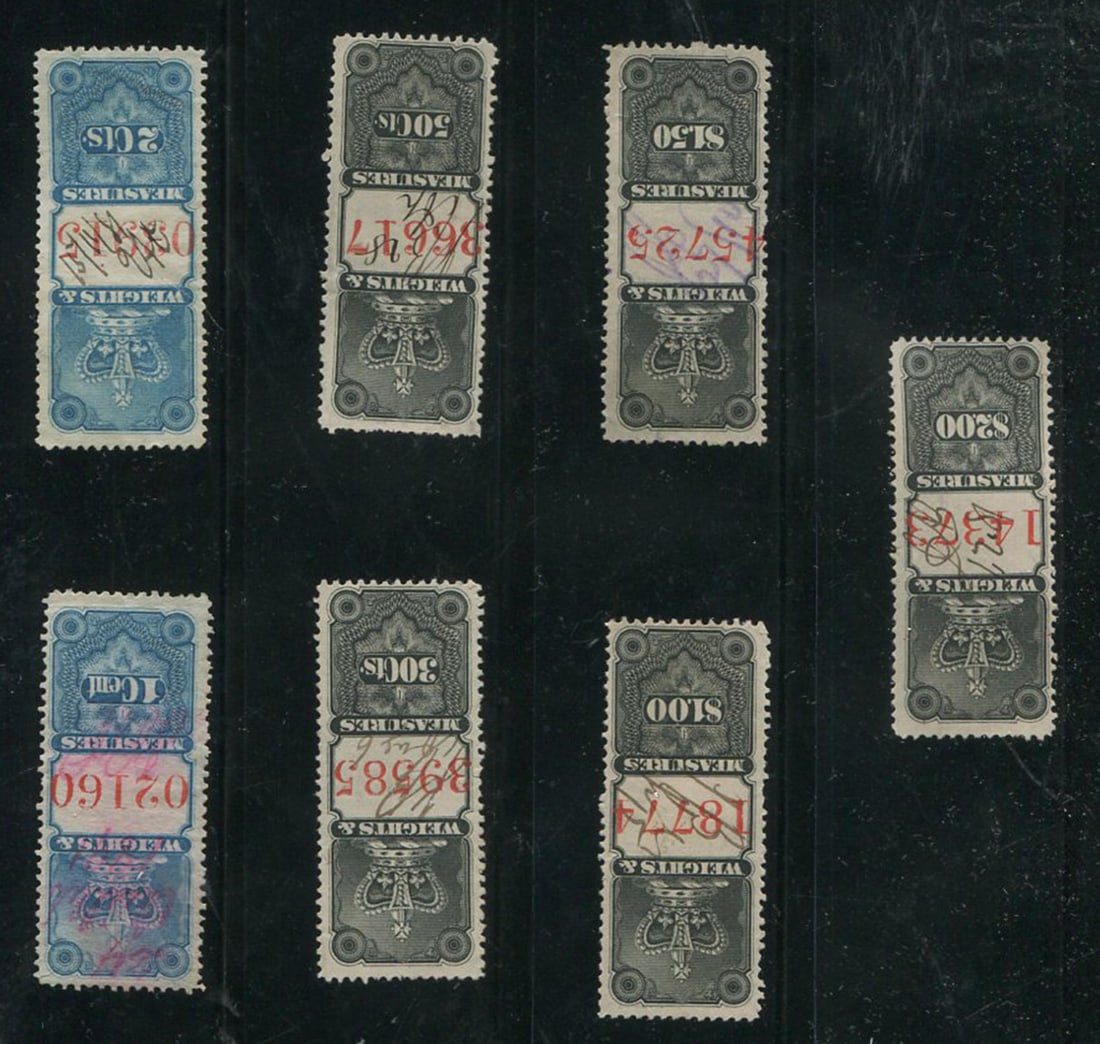 Canada - Revenues Weights and Measures, 1876 #FWN 6 / FWM 12, a mostly used group on stockcard, Van: Canada - Revenues Weights and Measures, 1876 #FWN 6 / FWM 12, a mostly used group on stockcard, Van Dam $773. CND ($552 USD), Appears f-vf