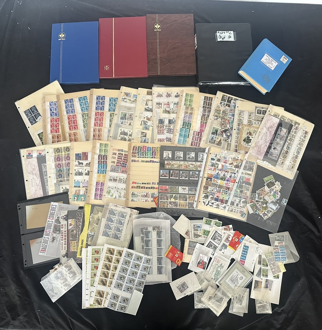 Great Britain - Face Value 1971 to 1990s, a MNH accumulation on leaves /stocksheets and looses: Great Britain - Face Value 1971 to 1990s, a MNH accumulation on leaves /stocksheets and looses contained in a carton, total face value ?1083.50 ($1450.16 USD), appears f-vf