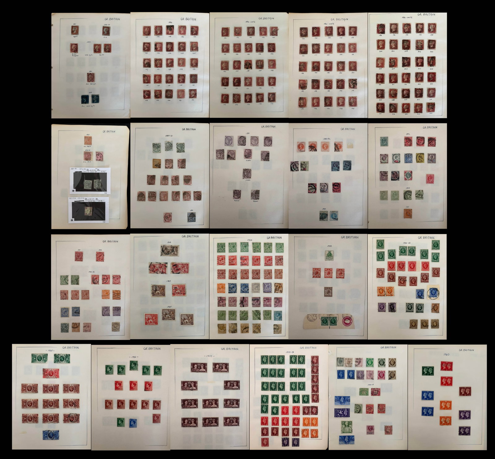 Great Britain 1841 -1940 #3 /#257, a MH and used collection on leaves includes 1864 1d red browns (1 of 5)