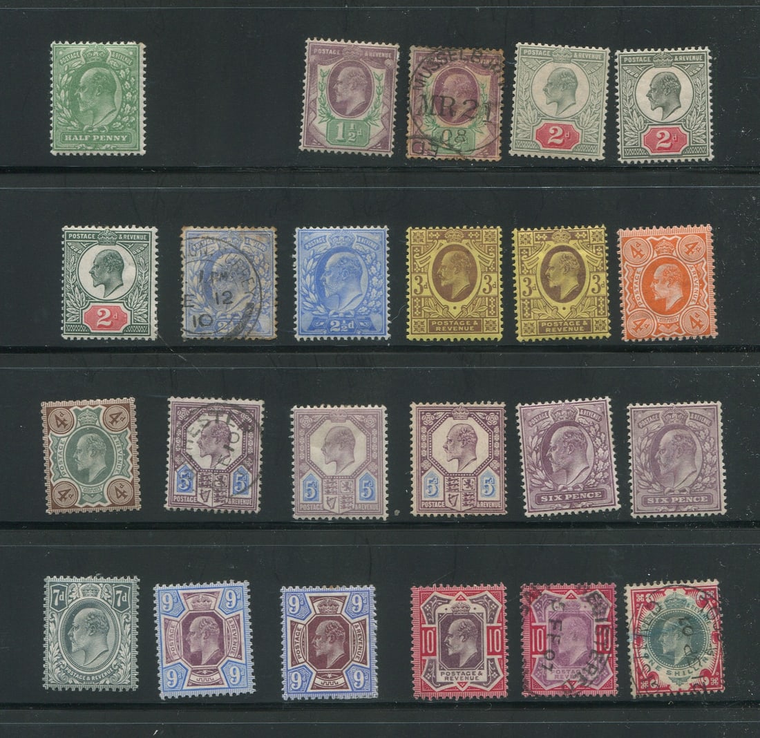Great Britain 1902 - 1911 #127 / #138, a MH and used grouping of 23 stamps 1/2d to 1/- a set less (1 of 1)