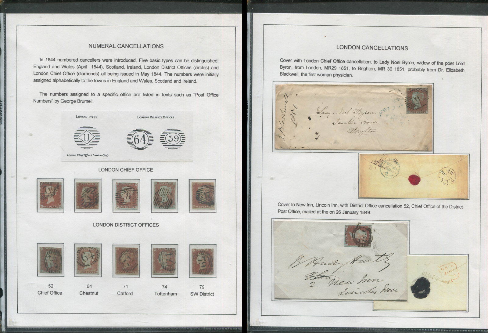 Great Britain 1844 - London Numeral cancellations, a small group on two written up leaves, includes (1 of 3)