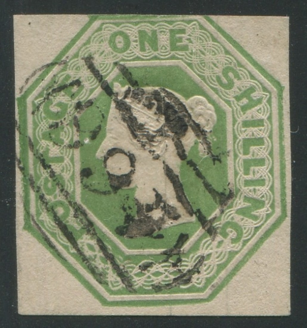 Great Britain 1847 #5 a used 1/- green embossed issue with just into to good margins, Scott value (1 of 2)