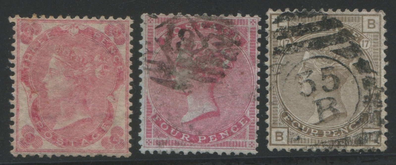 Great Britain 1862 - 1880, #37 3d pale rose, #62 4d rose on bluish paper, #71 4d grey brown all (1 of 2)