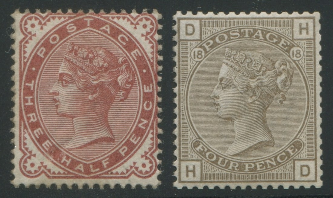 Great Britain 1880 -1881 #81 a MLH 1 1/2d re brown and 4d gray brown (HD), plate 18, on imperial (1 of 2)