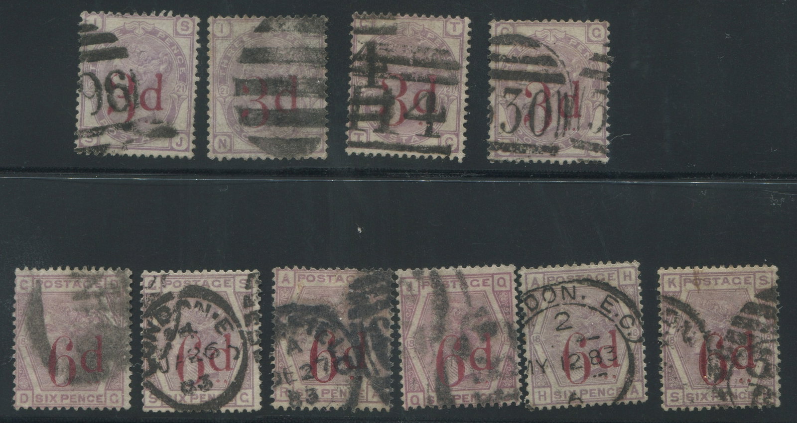 Great Britain 1883 #94 /#95 3d on 3d and 6d on 6d, aused group of 10, Scott value $1790, appears (1 of 1)