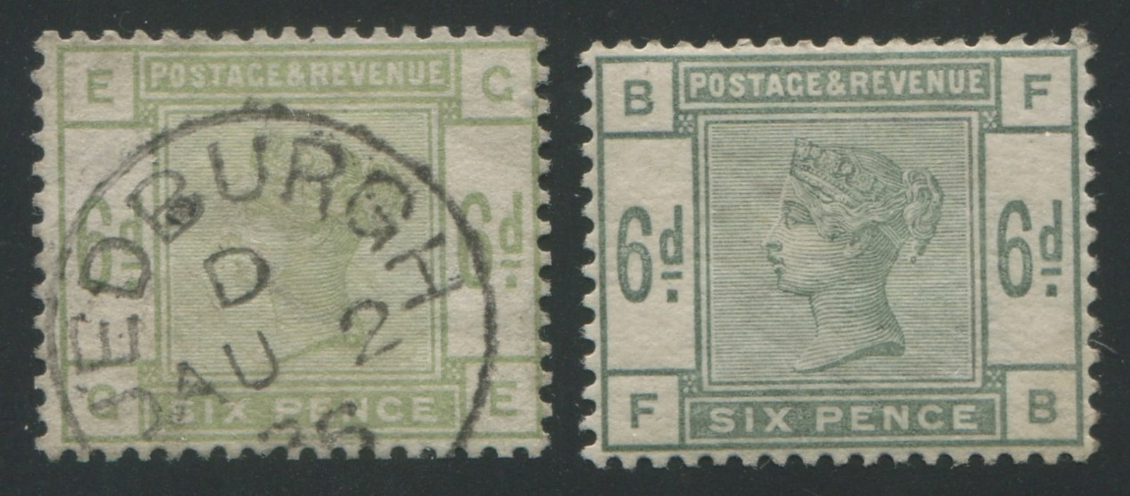 Great Britain 1884 #105, 6d dull green MH (FB) and used (GE), Scott value $1010, appears f-vf (1 of 2)