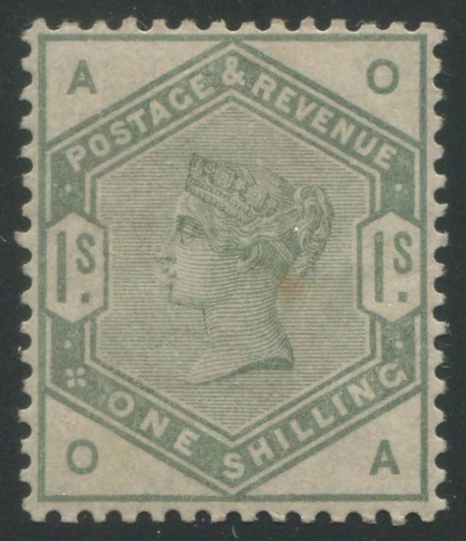 Great Britain 1883 - 1884 #107, a MLH 1/- green, Scott value $1875, hasa small stain under the hair (1 of 2)