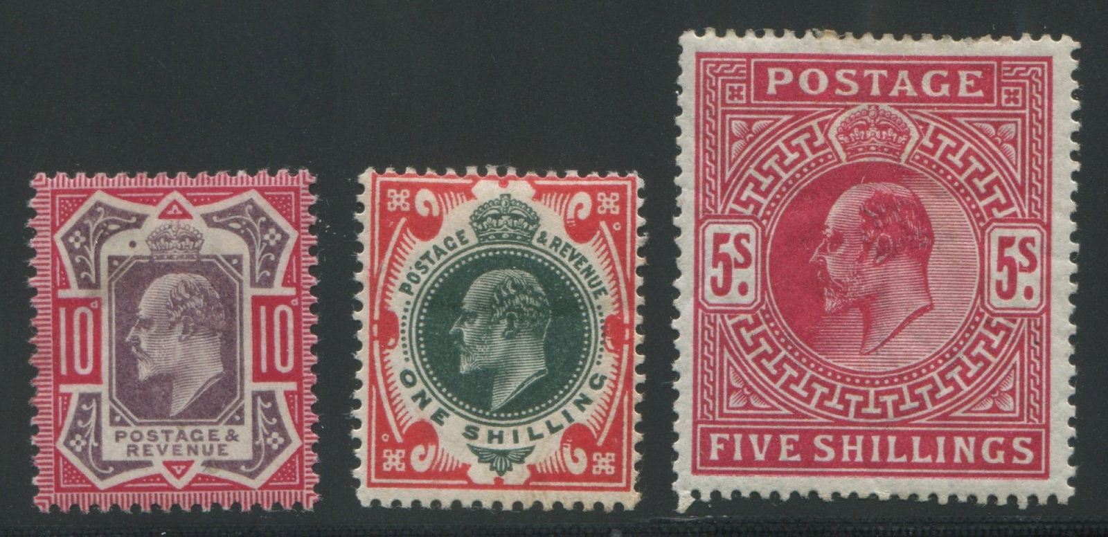 Great Britain 1902 - 1911 #137-139 10d and 1/- and #140 5/- , all MH, Scott value $700, appears f-vf (1 of 2)