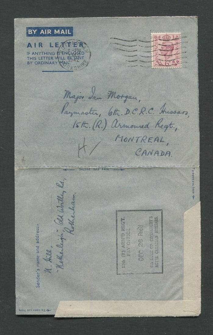 Great Britain - Air Letter 1942 Dec 7, first day of use, sent from Rotherham, England to Montreal, (1 of 3)