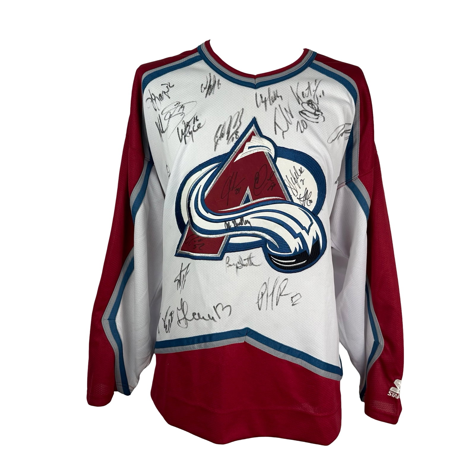 Colorado Avalanche NHL Hockey Jersey w/ 26 Autographs: A Colorado Avalanche Starter XXL NHL signed jersey with 26 different Avalanche players autographs. Includes autographs of Patrick Roy, Teemu Selanne, Paul Kariya, Bryan Trottier, Peter Forsberg, Chris