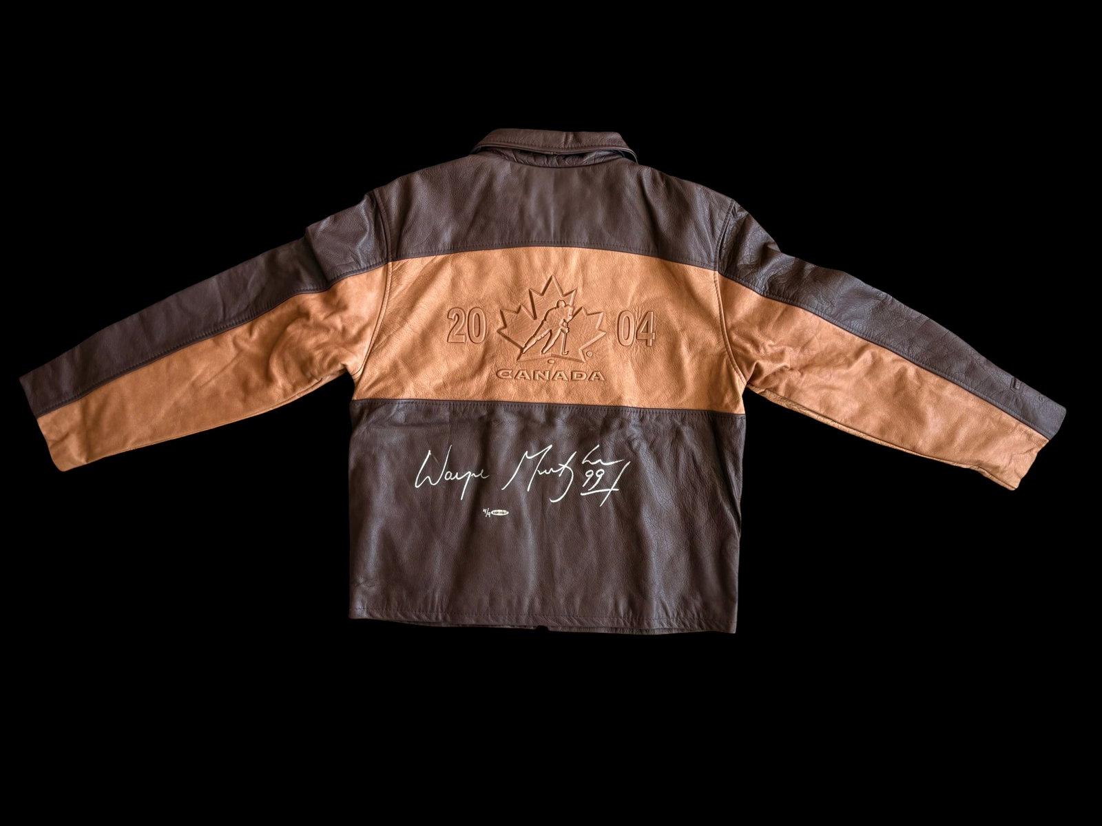 Wayne Gretzky Signed 2004 Team Canada World Cup of Hockey Leather Jacket - UDA Upper Deck: Exceptional Wayne Gretzky autographed Team Canada leather jacket commemorating Canada?s championship victory at the 2004 World Cup of Hockey, produced by GameWear as an officially licensed Hockey Cana