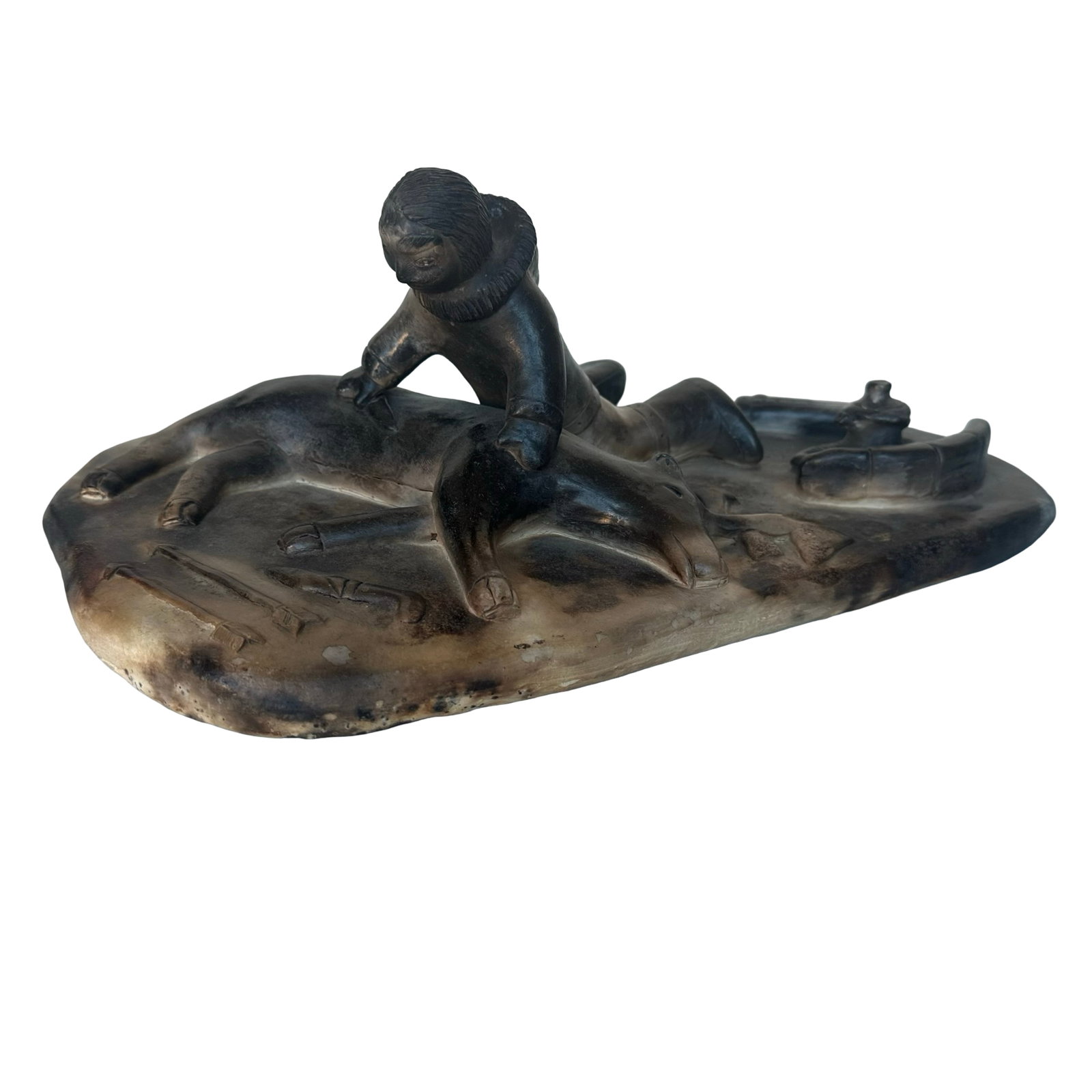 Roger Aksadjuak - Inuit Ceramic Sculpture - Rankin Inlet - 2003 - Hunter and Caribou Scene - Smoke (1 of 9)