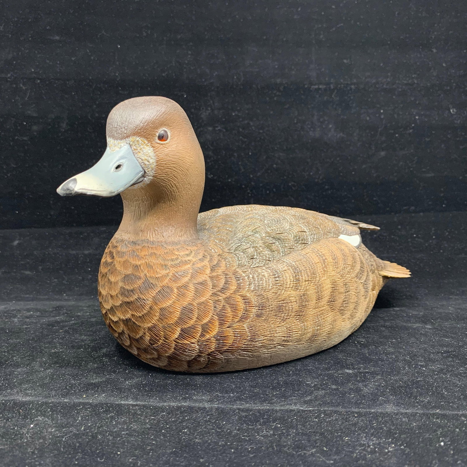Frank Ryan's "Blue-Bill Hen" Original Hand Carved Duck Decoy: Frank Ryan's "Blue-Bill Hen" original hand carved and hand painted duck decoy. Carved in 1992, this blue-bill hen's wings and tail are immaculate. Stunning in every aspect, this carving is intended fo