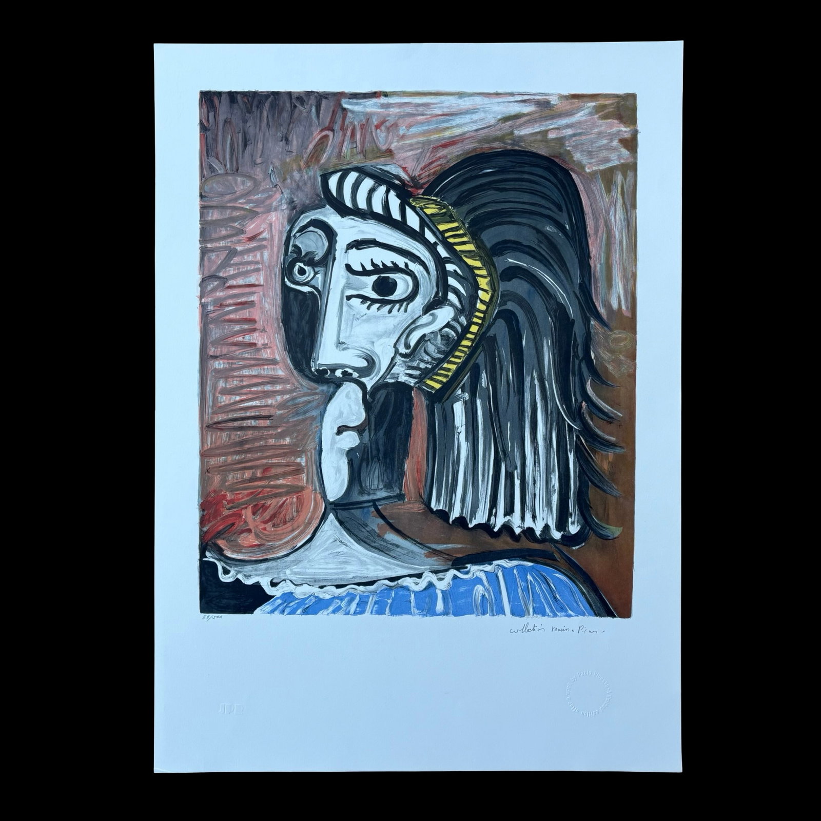 After Pablo Picasso (1881-1973) - T?te de Femme, 1958 - Marina Picasso Estate Collection Color: After Pablo Picasso (Spanish, 1881-1973), T?te de Femme, an exceptionally striking color lithograph from the Marina Picasso Estate Collection, produced after Picasso's 1958 composition and numbered 89