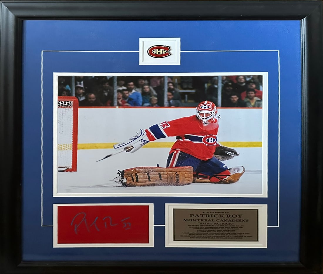 Montreal Canadiens Patrick Roy Picture Signed on Plexiglass: A picture of Montreal Canadiens' Patrick Roy, a 2006 Hockey Hall of Fame Inductee, with his autograph on a piece of red plexiglass from the Montreal Forum. This piece has been professionally double ma