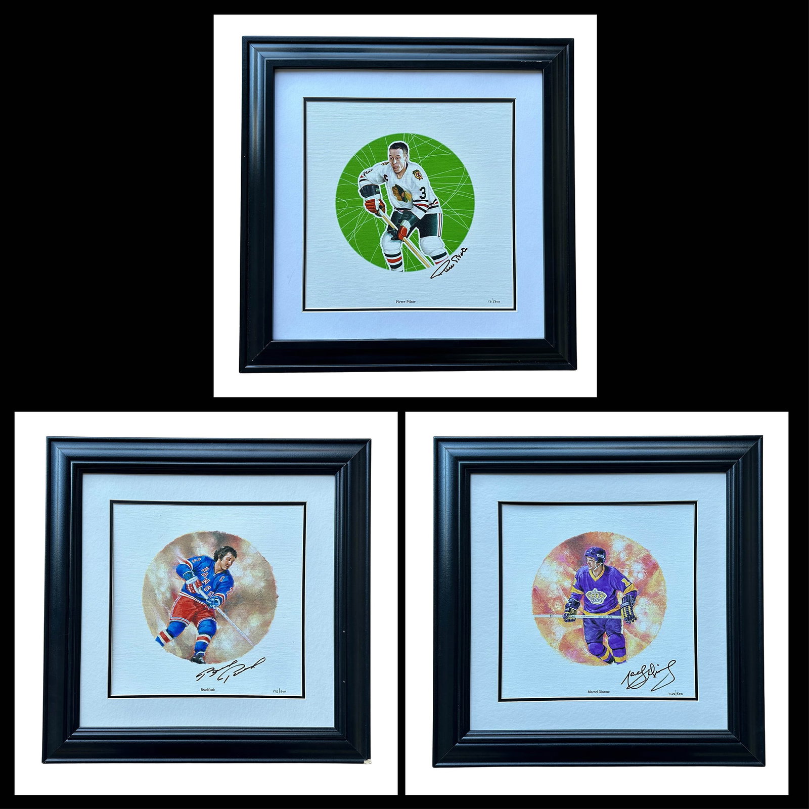CanadaPost NHL Hockey Legends Autographed Limited Edition Canvases: A group of three autographed and framed limited edition canvases of NHL legends, produced by CanadaPost. Each in excellent condition and included with COA's. Includes Pierre Pilote of the Chicago Blac